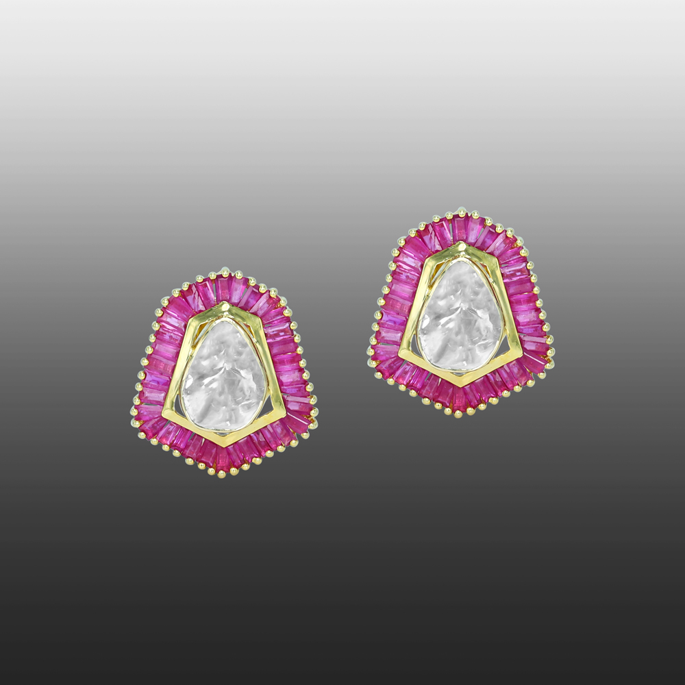 Geometric Polki Stud Earrings with Ruby Baguette Halo